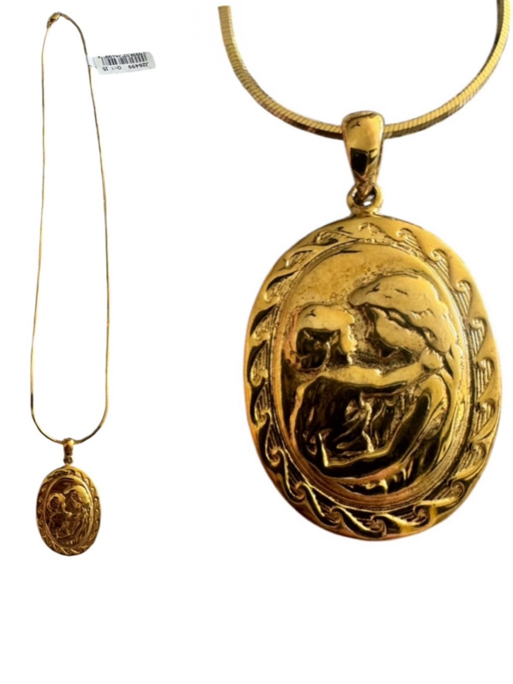 18K Gold on Silver Mother and Child Medallion Pendant on 18” square cut necklace